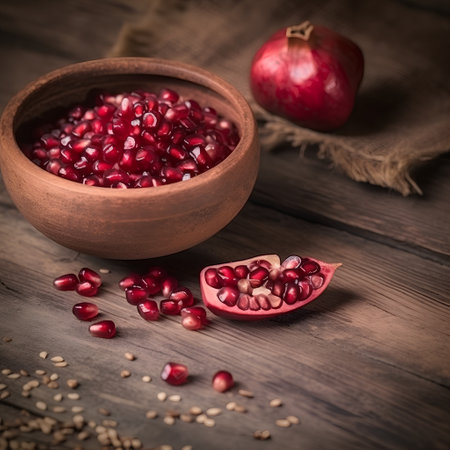 Pomegranate seeds in wooden bowl with grains on wooden backgroundの素材