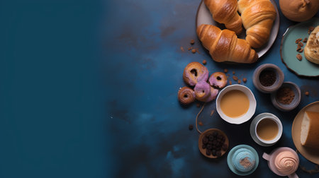 Coffee and croissants on dark blue background. Top view, copy spaceの素材
