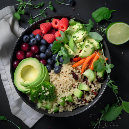 Healthy quinoa bowl with fresh berries and avocado on black backgroundの素材