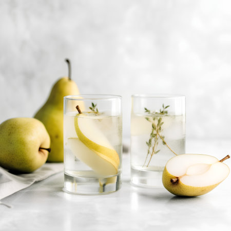Two glasses of cocktail with pear and thyme on a light backgroundの素材