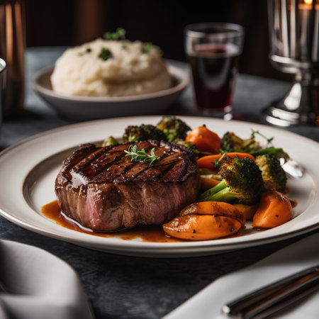 Beef steak with vegetables on the table. Selective focus.の素材