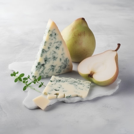 Cheese collection, blue cheese with pear and oregano on white backgroundの素材