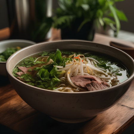 Vietnamese beef noodle soup in a bowl with fresh herbsの素材