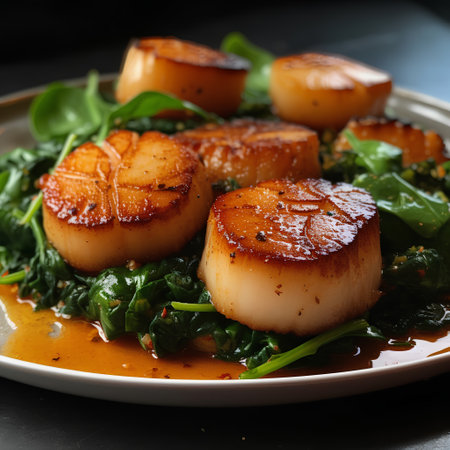 Fried scallops with spinach on a plate, selective focusの素材