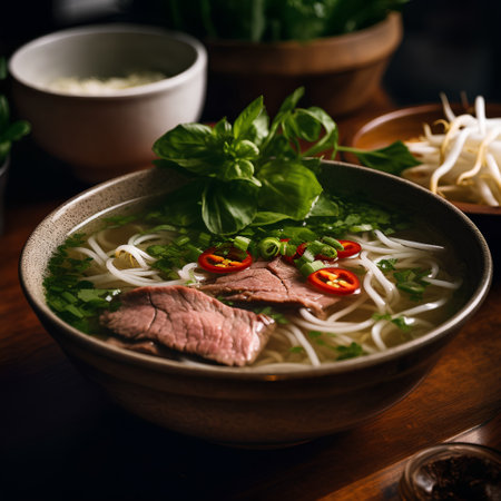 Vietnamese soup pho with beef, vegetables and herbs.の素材