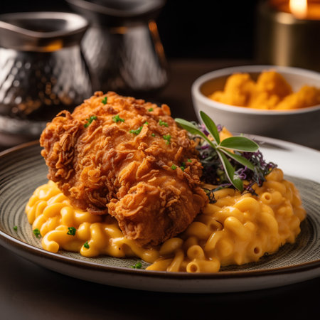 Crispy fried chicken with macaroni and cheese on a plateの素材