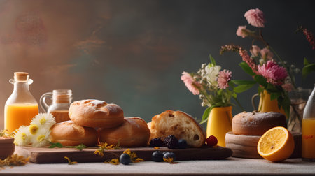 Homemade buns with jam and fresh berries on rustic backgroundの素材