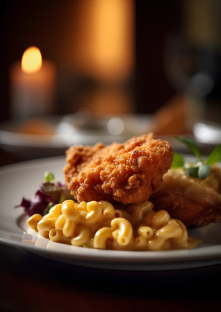 closeup of a plate of macaroni and cheese on a tableの素材