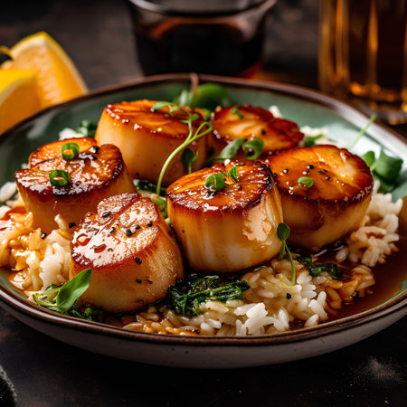 Fried scallops with rice and spinach on a plate.の素材