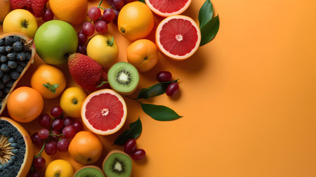 Fruits and berries on orange background. Top view with copy spaceの素材