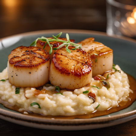 Scallops with risotto in a plate on a dark backgroundの素材