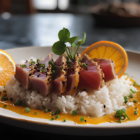 close up of a plate of tuna fish with rice and orange garnishの素材