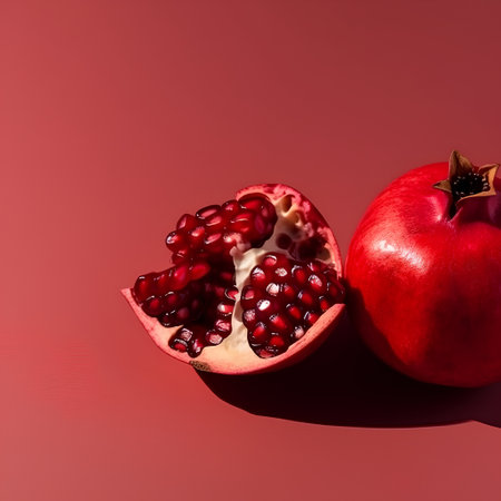 Pomegranate fruit on a red background with copy space.の素材