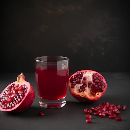 Pomegranate juice in a glass and fresh fruits on a dark backgroundの素材