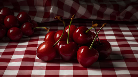 Cherries on a checkered tablecloth, selective focusの素材