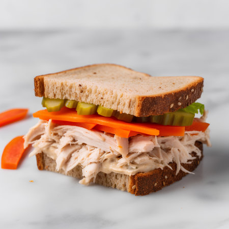 Sandwich with chicken and vegetables on white marble background. Close up.の素材