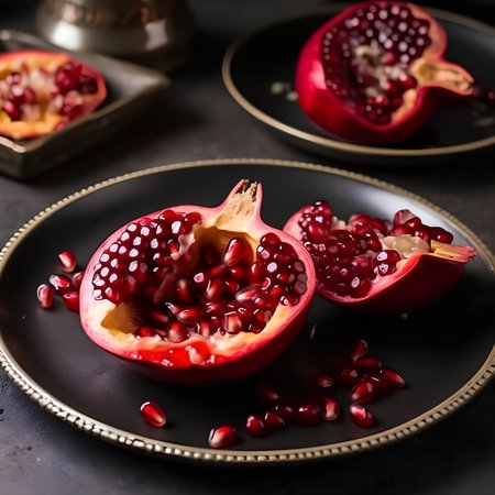 Ripe pomegranate fruit on a dark background. Selective focus.の素材