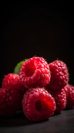 Ripe raspberries on a dark background. Selective focus.の素材
