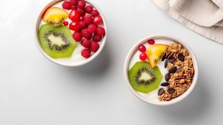 Healthy breakfast with yogurt, berries and muesli on white backgroundの素材