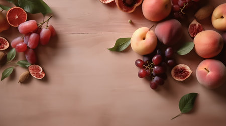 Fresh fruits on a wooden background. Top view with copy space.の素材