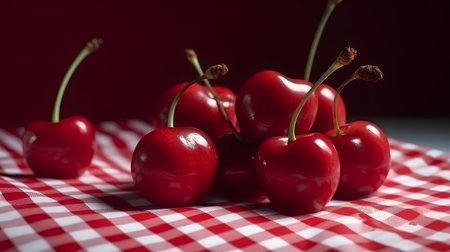 Cherries on a red and white checkered tableclothの素材