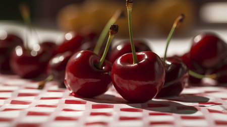 Cherries on a checkered tablecloth, shallow depth of fieldの素材