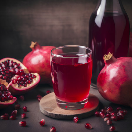 Pomegranate juice in a glass on a wooden background.の素材