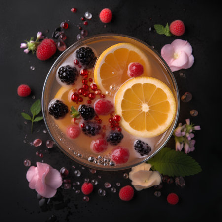 Refreshing summer cocktail with fresh berries and orange on black backgroundの素材
