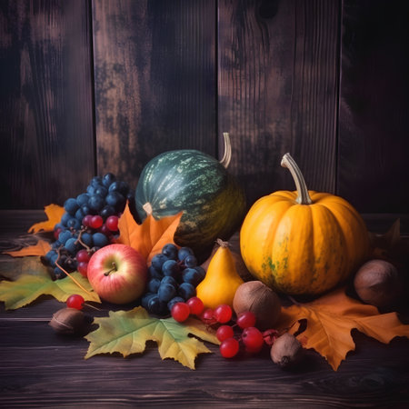 Autumn still life with pumpkins, apples and berries on wooden backgroundの素材
