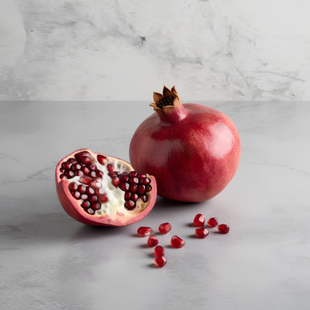 Ripe pomegranate fruit and seeds on a marble backgroundの素材