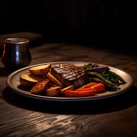 Grilled meat with vegetables on a wooden table. Selective focus.の素材