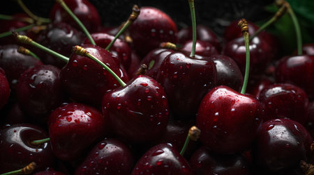 Ripe red cherries with water drops on a dark background.の素材