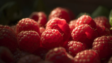 Ripe raspberries on a dark background. Selective focus. Toned.の素材