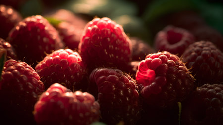 Ripe raspberries on a dark background. Selective focus. Toned.の素材