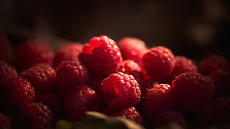 Raspberries on a dark background. Selective focus. Toned.の素材