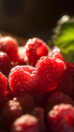 Ripe raspberries on a wooden table. Selective focus.の素材