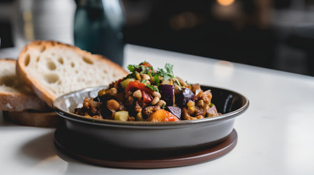 Lentil stew with chickpeas and vegetables in a bowlの素材