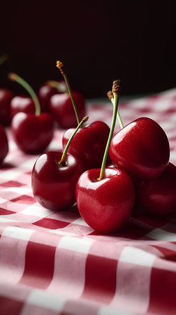 Cherries on checkered tablecloth, shallow dofの素材