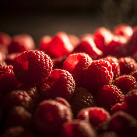 Raspberries on a dark wooden background. Selective focus. Toned.の素材