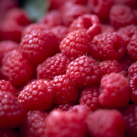 Close up of fresh ripe raspberries. Shallow depth of field.の素材
