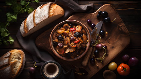 Traditional goulash with raisins and dried fruits in bowl on wooden background