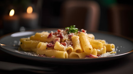 Pasta Carbonara with bacon and parmesan on black plateの素材