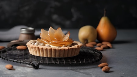 Tartlets with caramelized pears and almonds on dark backgroundの素材