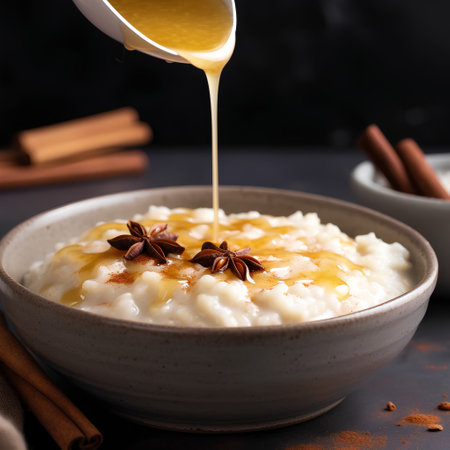 Rice pudding with honey and cinnamon on a dark background. Selective focus.の素材