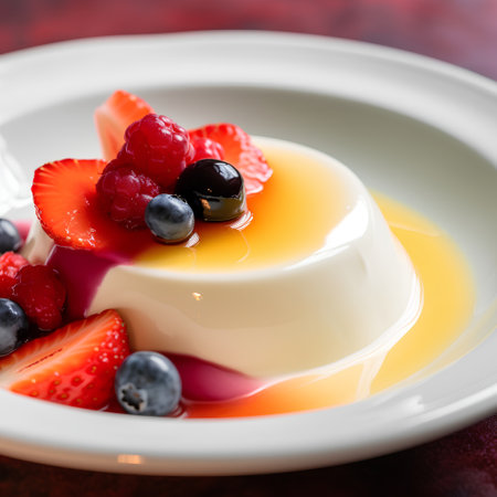 Panna cotta with fresh berries on red background, closeupの素材