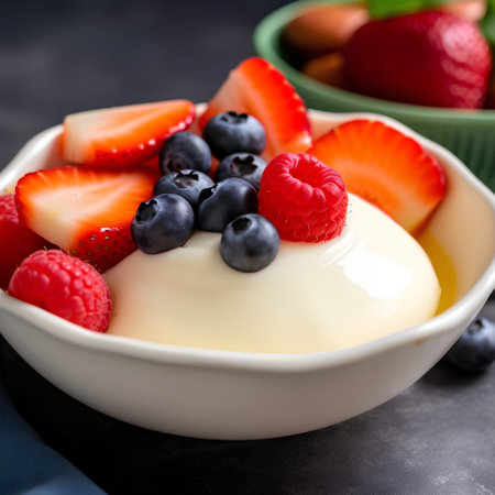 Vanilla pudding with fresh berries in a bowl, selective focus.の素材