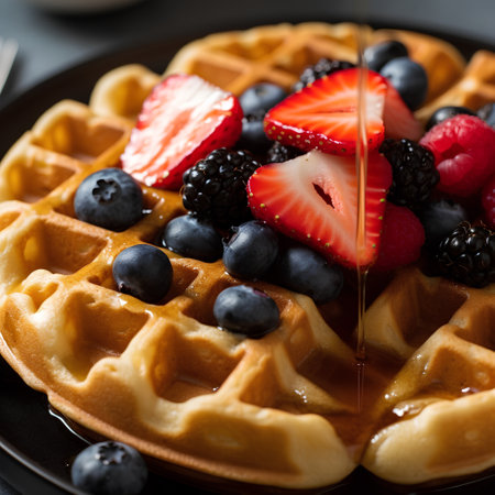 Belgian waffles with fresh berries on black plate, closeupの素材