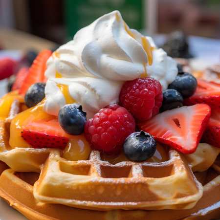 Belgian waffle with fresh berries and whipped cream, selective focusの素材