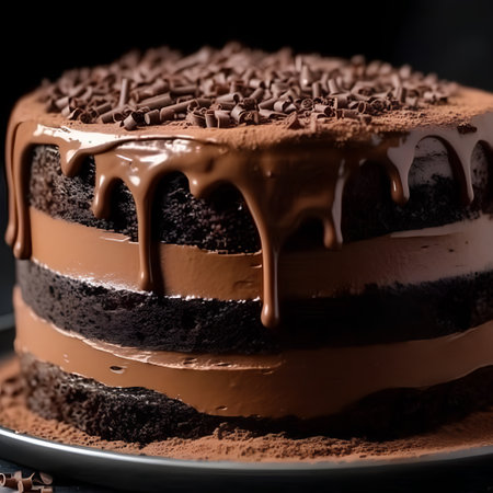 Delicious chocolate cake with chocolate glaze on a black background.の素材