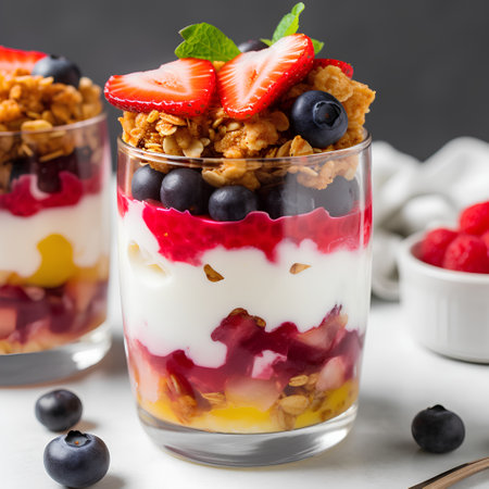 Greek yogurt parfait with fresh berries and granola, squareの素材